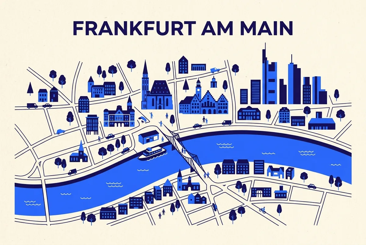 Map of central Frankfurt showing the Main River boat tour dock at Eiserner Steg and nearby landmarks